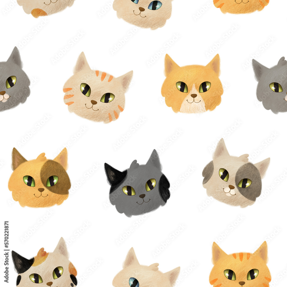 Cats seamless pattern. Cute cats faces, different cat breeds, coat colors. White background, high resolution, 300dpi