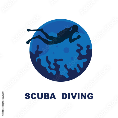 Scuba diving sport logo, under water, vector illustrator, silhouette, logo design.