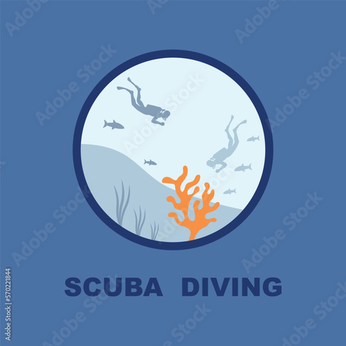 Scuba diving sport logo, under water, vector illustrator, silhouette, logo design.
