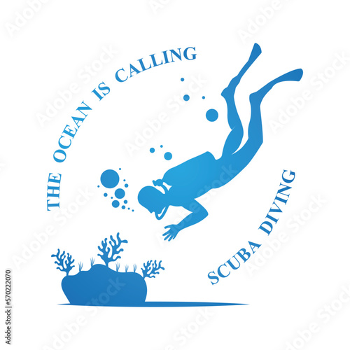 Scuba diving sport logo, under water, vector illustrator, silhouette, logo design.