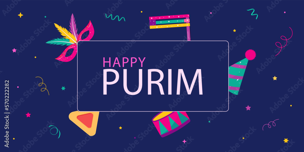 Fototapeta premium Happy Purim carnival.Vector greeting card for Purim holiday.Carnival mask.Jewish holiday.Jewish holiday Purim.Hamantaschen cookies..Grager ratchet.Purim party elements.Vector flat illustration.