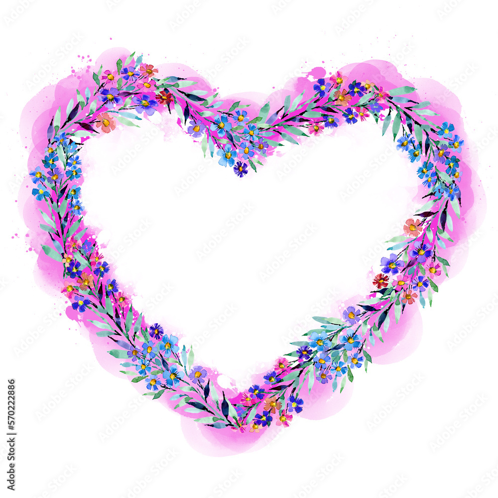 Pink wreath of flowers in the form of a heart on a white background. The heart is made of watercolor botanical elements. Flower buds in the form of a heart, hand drawing