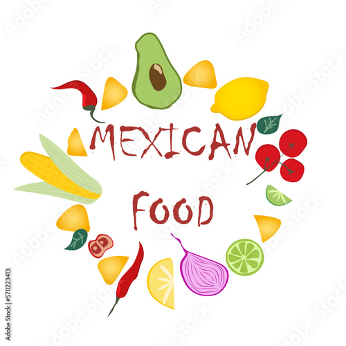 Card with set of ingredients of mexican cuisine on white background. Food preparation. Vector cartoon illustration. Composition in a circle.