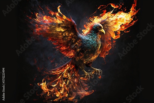 Phoenix bird risen from the ashes  fire bird. Burning bird Generative AI