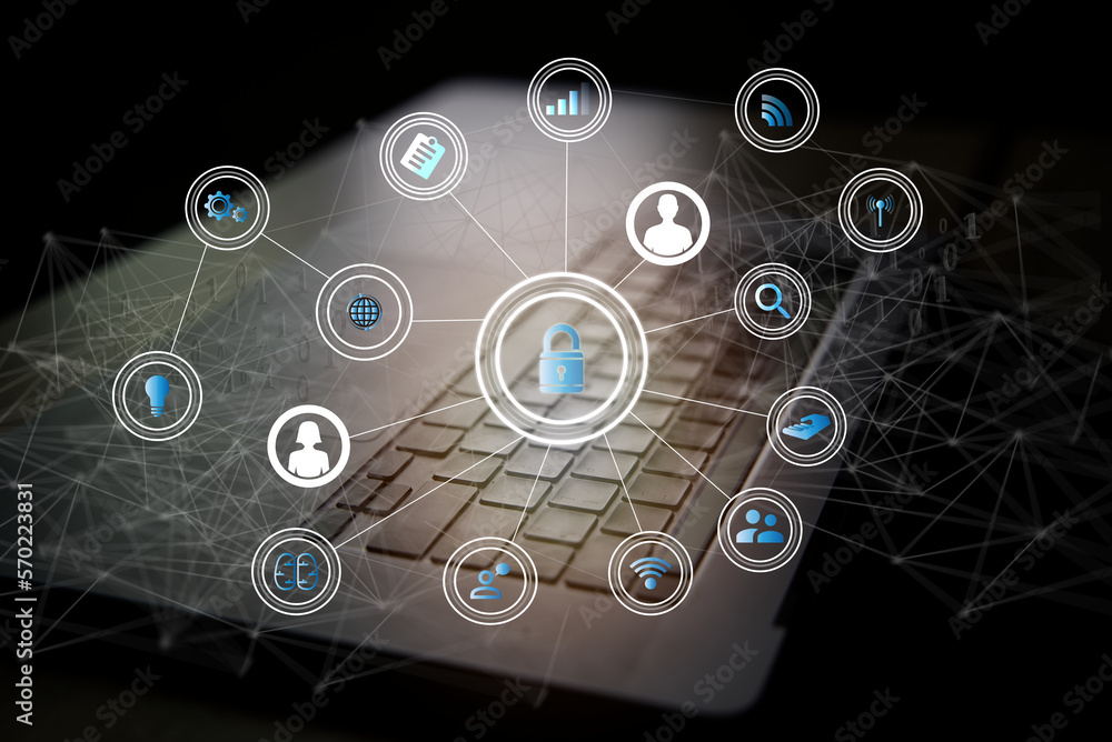 Laptop background showing financial growth data icons, communication ...