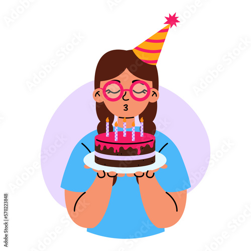 Birthday celebration. Little girl blowing candles on festive cake. Surprise, anniversary concept. Flat vector illustration on white background.