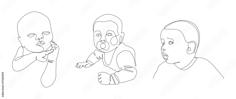 Black outline cute baby isolated on a white background. Minimalist modern one line art. Linear kids portraits. Black and white vector set for poster, greeting card, cover, signage or print for t-shirt Black outline cute baby isolated on a white background. Minimalist modern one line art. Linear kids portraits. Black and white vector set for poster, greeting card, cover, signage or print for t-shirt