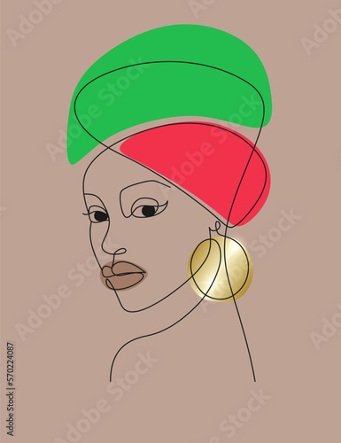 Beautiful dark-skinned African woman in a red and green national headdress and with a gold round earring on a brown background. Abstract female portrait line art drawing. Vector illustration for print