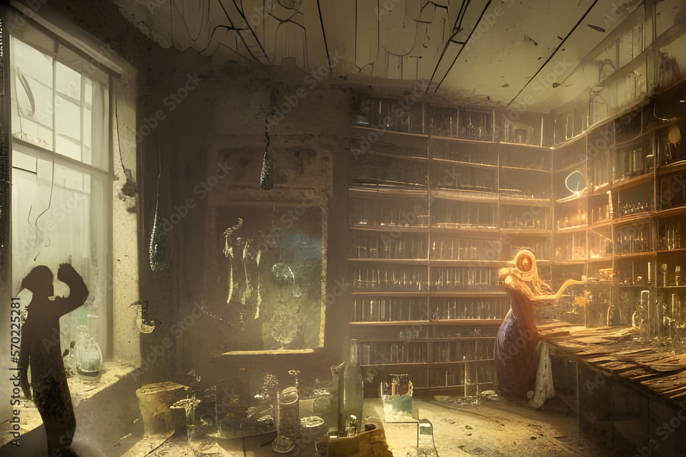 Alchemist lab. A strange and creepy cabinet of curiosities filled with lots of bottles and glass jars. Digital illustration. CG Artwork Background