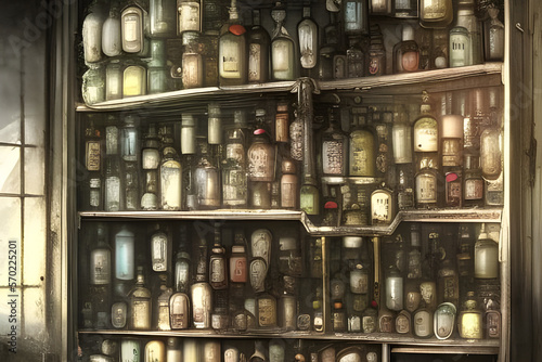 Alchemist lab. A strange and creepy cabinet of curiosities filled with lots of bottles and glass jars. Digital illustration. CG Artwork Background