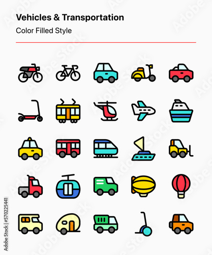Customizable set of vehicles and transportation icons covering land, water, and aerial transportation modes. Perfect for apps, webs, stores, education, businesses, catalogs, product illustrations, etc