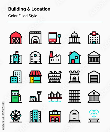 Customizable set of building and location icons consisting of common public places and locations in the city. Perfect for maps, user interface, advertising, graphic design, business, etc