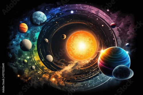Abstract illustration of solar system showing planets in different colors and textures orbiting around a brightly glowing sun, concept of Stars and Orbits, created with Generative AI technology