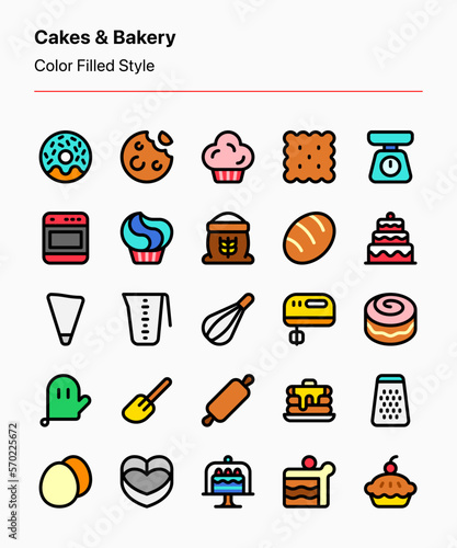 Customizable set of cakes and bakery icons covering the products, ingredients, and equipments. Perfect for businesses, product catalogs, publications, packaging, apps and websites, etc photo