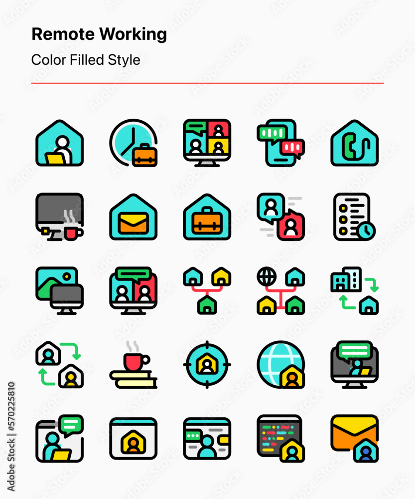 Customizable set of remote working icons covering the concept, elements, and technology related to such topic. Perfect for apps and websites interfaces, businesses, presentations, publications, etc