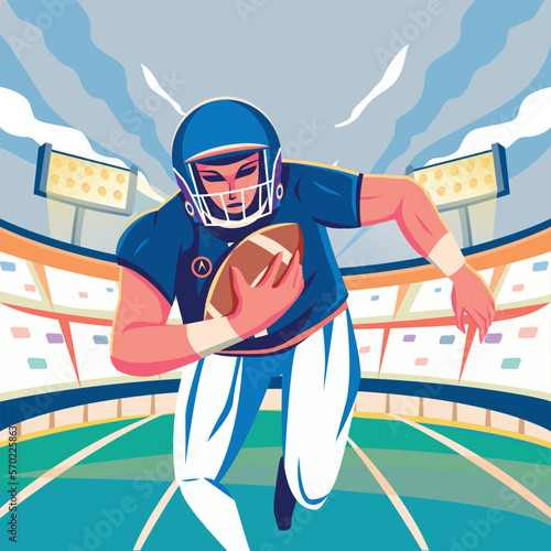 Running to Victory: American Football Player with Spotlighted Stadium Background-Superbowl