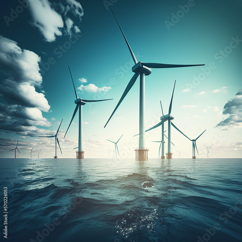 Wind turbines in the sea. Generative AI. 