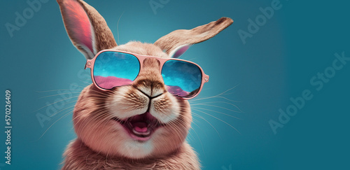Canvastavla Cool bunny with sunglasses on colorful background. Generative Ai