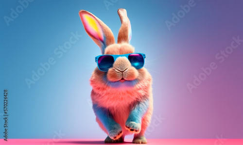 Tela Cool bunny with sunglasses on colorful background. Generative Ai