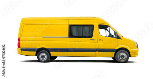 Yellow delivery van isolated on a transparent background. Vehicle rent taxi cargo van side view
