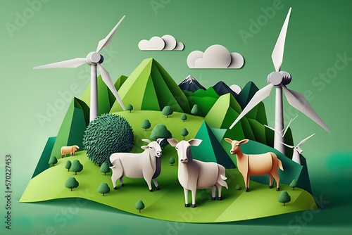 A wind turbine plant cohabitating with green hills, people, and animals. Creative green ecology concept. for kids. Generative ai photo