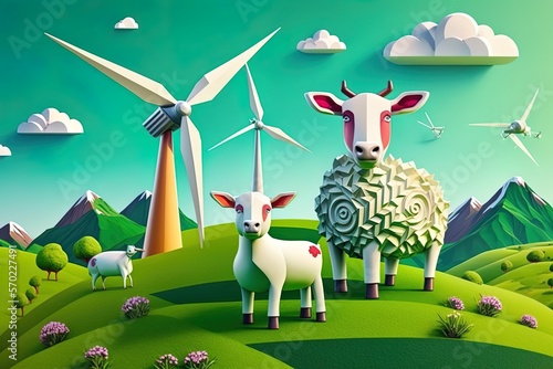 A wind turbine plant cohabitating with green hills, people, and animals. Creative green ecology concept. for kids. Generative ai photo