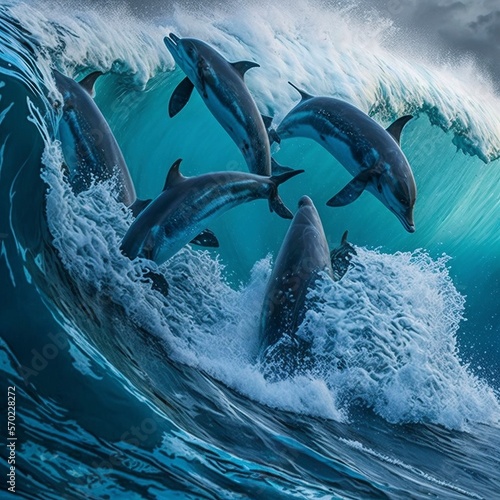 Foto A pod of bottlenose dolphins jumping in the waves