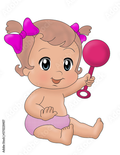 child with toy Sticker t-shirt cloth mug design Baby illustration child with eyes character cute little kid in diaper happy childhood small little vector babies newborn