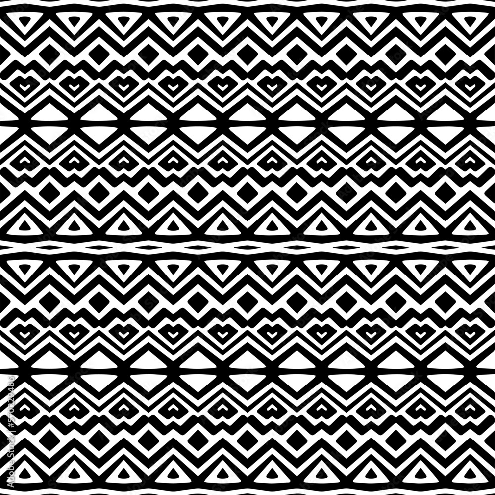 Vector geometric ornament in ethnic style. Seamless pattern with abstract shapes,Black and white color. Repeating pattern for decor, textile and fabric.
Vector geometric ornament in ethnic style. Seamless pattern with abstract shapes,Black and white color. Repeating pattern for decor, textile and fabric.