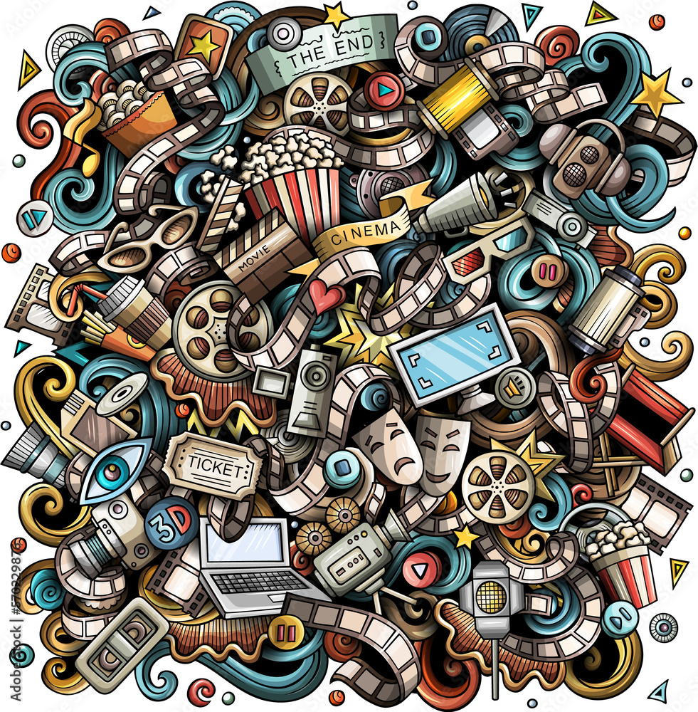 Fototapeta premium Cinema doodle funny cartoon background