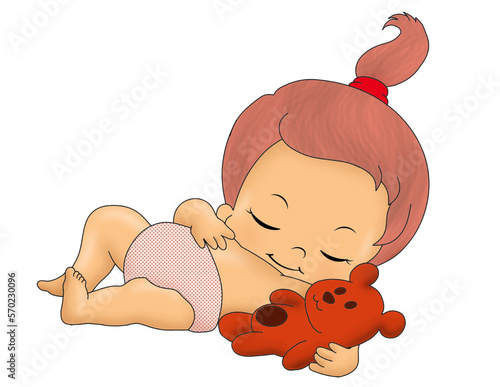 child sleeping with teddy bear toy Baby character cute little kid in diaper happy childhood small little one vector babies. Illustration toddler child t shirt design newborn 