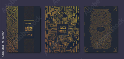 Set of vector art deco, gatsby golden covers. Creative design templates. Trendy graphic poster, brochure, design, package and branding. Geometric shapes, ornaments, elements
