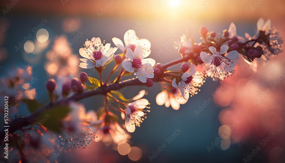 spring landscape blooming flowers on trees ,sakura with pink and white flowers on blue sunset sky at sun light,generated ai