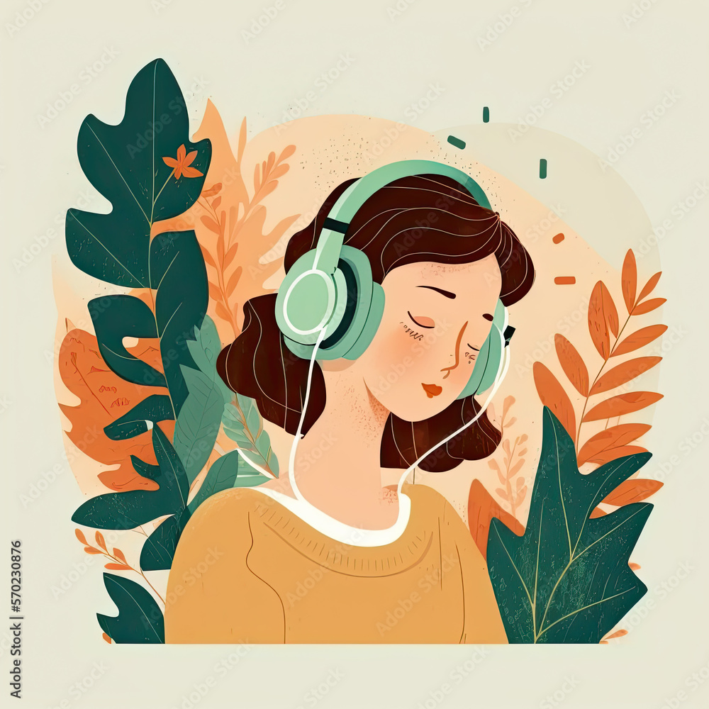 Fototapeta premium Woman listening to music and relaxing with headphones. Flat illustration. Generative AI