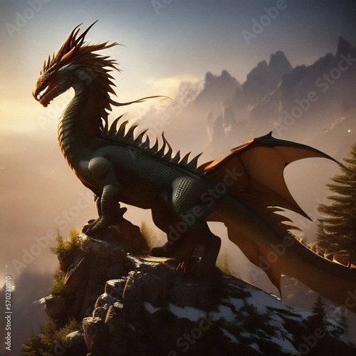 A dragon standing on a mountain top