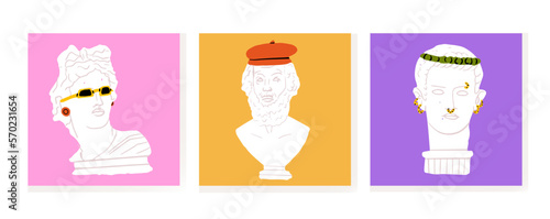 Set of three greece statue with modern element on bright background. Caligula, Appolo, Homer. T-shirt print design template. Hand drawn Vector illustration.