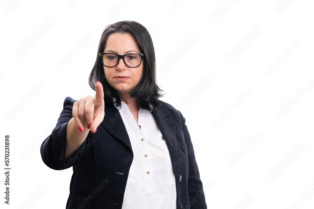 Serious businesswoman touching display copyspace with finger Serious businesswoman touching display copyspace with finger
