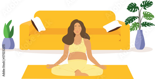 A pregnant woman meditates in the lotus position and practices yoga. The concept of yoga, meditation, relaxation, health, pregnancy, motherhood. Breathing exercises and health care. Flat vector 