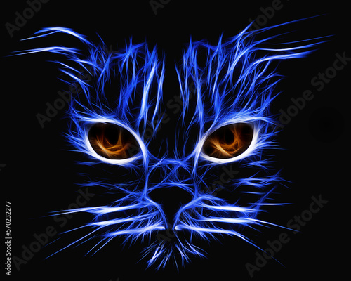 Illustration portrait of a blue neon cat with yellow gases close © plus69