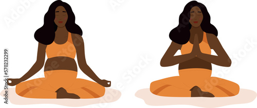 A pregnant African American woman meditates in the lotus position and practices yoga. The concept of yoga, meditation, relaxation, health, pregnancy, motherhood. Breathing exercises and health care.