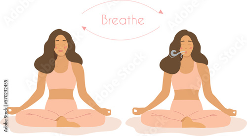 A woman sits in the lotus position  does breathing exercises for good relaxation. Breathe in and go out to rest. Deep breathing method and Meditation. The concept of health and well-being.Healthy yoga