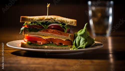 A gormet sandwich, A ripe tomato slices, and lettuce  photo