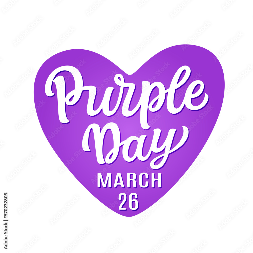 Purple Day 26 march. Hand lettering text in a purple heart shape isolated on white background. World epilepsy day. Vector typography