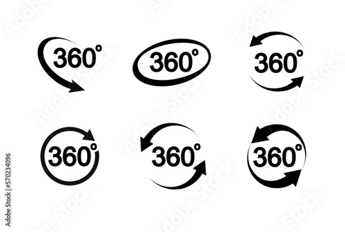 360 degrees view related sign set isolated on transparent background. Abstract concept graphic rotation arrows, panorama, virtual reality element