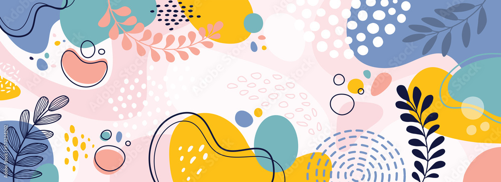 Fototapeta premium Design banner frame background .Colorful poster background vector illustration.Exotic plants, branches,art print for beauty, fashion and natural products,wellness, wedding and event.