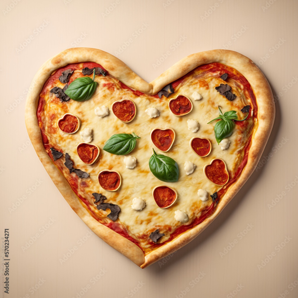 Heart shaped pizza on a yellow background. Generative AI. Heart shaped pizza on a yellow background. Generative AI.