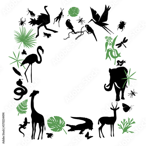 Jungle animals  frame. Vector pattern with tropical plants  safari animals  elephant  alligator  flamingo  giraffe