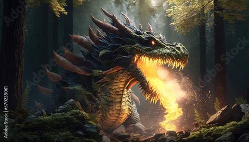 A 3D Animation of a Fire-Breathing Dragon in a Mythical Forest generative ai © 3D Station
