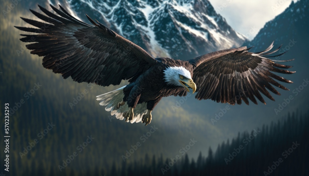 A Close-Up of a Majestic Bald Eagle Soaring Over a Mountain Range generative ai A Close-Up of a Majestic Bald Eagle Soaring Over a Mountain Range generative ai