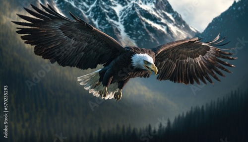 A Close-Up of a Majestic Bald Eagle Soaring Over a Mountain Range generative ai